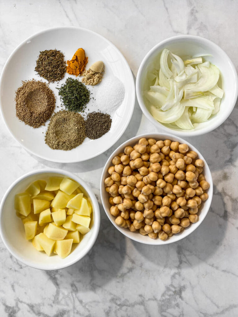 Ingredients laid out to make chana masala.